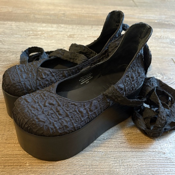 UNIF Irori Black Textured Ballet Platform Shoes w Ankle Tie Ribbons Ballerina - Picture 5 of 7